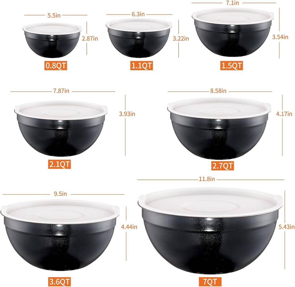 Black Mixing Bowls with Lids Set of 7, Stainless Steel Nesting Bowl with Khaki Lid for Non-slip Mixing Prepping Storing Serving, 7 Sizes-7/3.6/2.7/2.1/1.5/1/0.8 QT