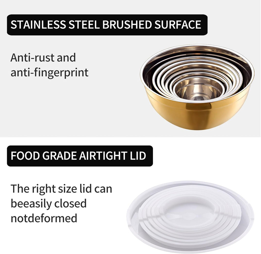 Gold Mixing Bowls with Lids Set of 7, Stainless Steel Nesting Bowl with Khaki Lid for Non-slip Mixing Prepping Storing Serving, 7 Sizes-7/3.6/2.7/2.1/1.5/1/0.8 QT