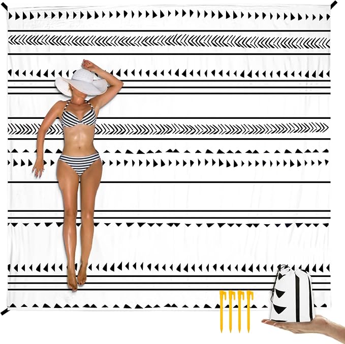 110''×118'' Extra Large Waterproof Sandproof Beach Blanket for 8 Adults, Outdoor Beach Mat with 4 Stakes & 4 Corner Pockets, Polyester Lightweight Foldable Picnic Mat for Travel, Camping, Hiking