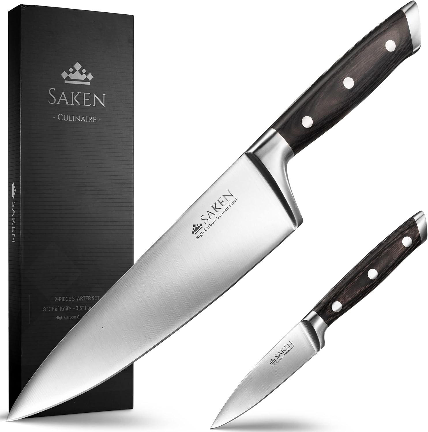 Saken Chef Knife and Paring Knife Set - 2-piece Professional Kitchen Knife Set with Ultra-Sharp, High-Carbon German Steel Blade and Ergonomic Wooden Handles - 8" Chef Knife, 3.5" Paring Knife