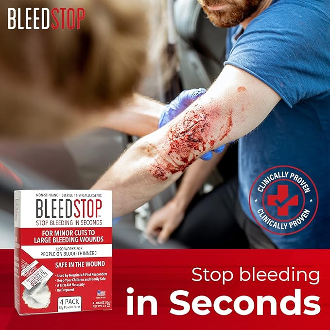 BleedStop™ First Aid Powder for Blood Clotting, Trauma Kit, Blood Thinner Patients, Camping Safety, and Survival Equipment for Moderate to Severe Bleeding Wounds or Nosebleeds - 1 (60g) Pouch