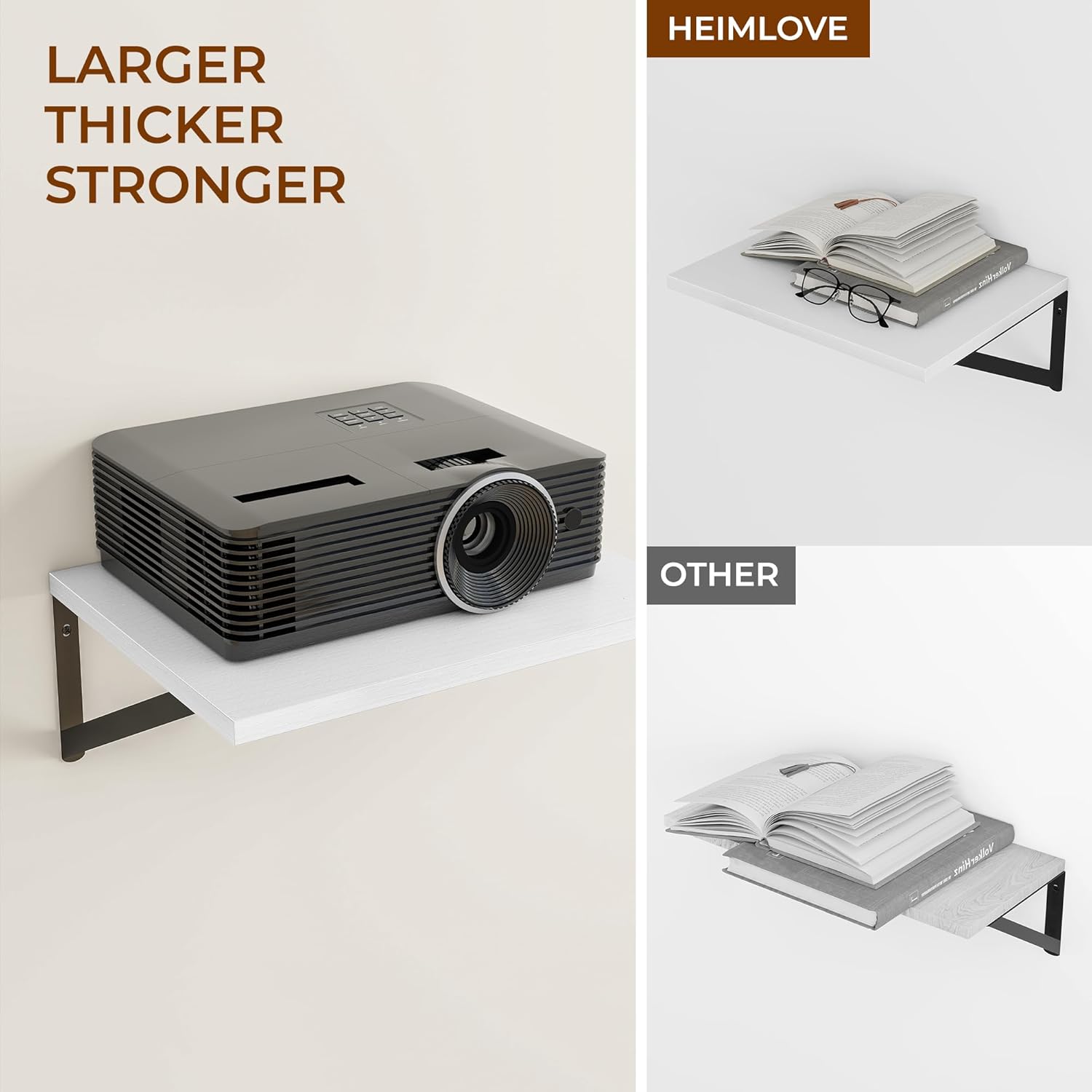 Heimlove 24" W x 12" D Wall Shelves for Books, 12 Inch Deep Floating Shelves Set of 3, Wide Floating Bookshelf with Metal Bracket for Living Room, Kitchen, Office, Bedroom and Decor Storage - White