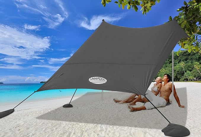 UMARDOO Family Beach Tent Canopy Sun Shade Portable, Large Compact Beach Sun Shelter Easy Setup with Packable Bag for Outdoor Travel (Grey, 10X10 FT. 4Poles)