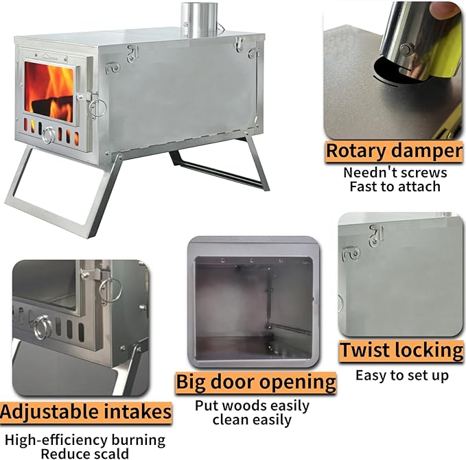 DANCHEL OUTDOOR S6/SSG Folding Camping Stove, 304 Stainless Steel Wood Burning Stove with 7.2ft Chimney, Portable Hot Tent Stove Solo Camping Survival Backpacking, Lightweight & Compact Design