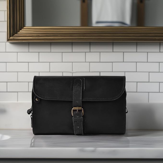 LEATHER VILLAGE Hanging Toiletry Bag for Men & Women, Handcrafted Vintage Cosmetic & Shaving Organizer Travel Dopp Kit- Black