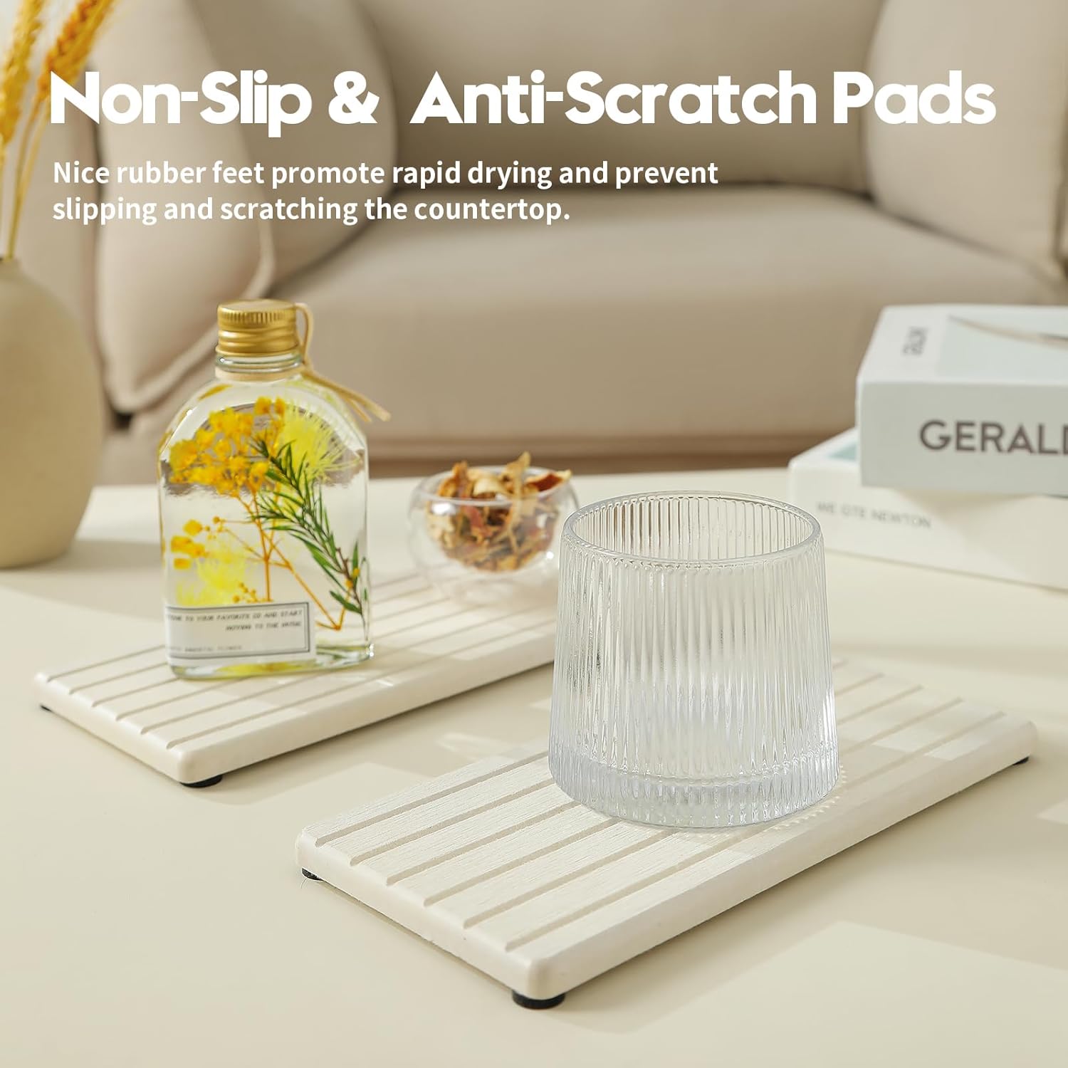 2 Pack Greige Bathroom Sink Vanity Trays, Diatomite Stone Kitchen Counter Caddy Dish Soap Dispenser Sponge Holder, Water Absorbing Mat Organizer for Plant,Cosmetic Bottle, Beige, 8"x3.8"