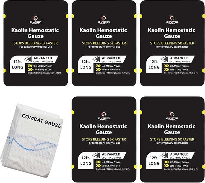 First Aid Advanced Quick Clotting Combat Gauze - Flexible Hemostatic Gauze - to Stop The Bleed kit Faster with Quick Clotting - Survival Kit Supplies - 3" x 12.5' - Pack of 5