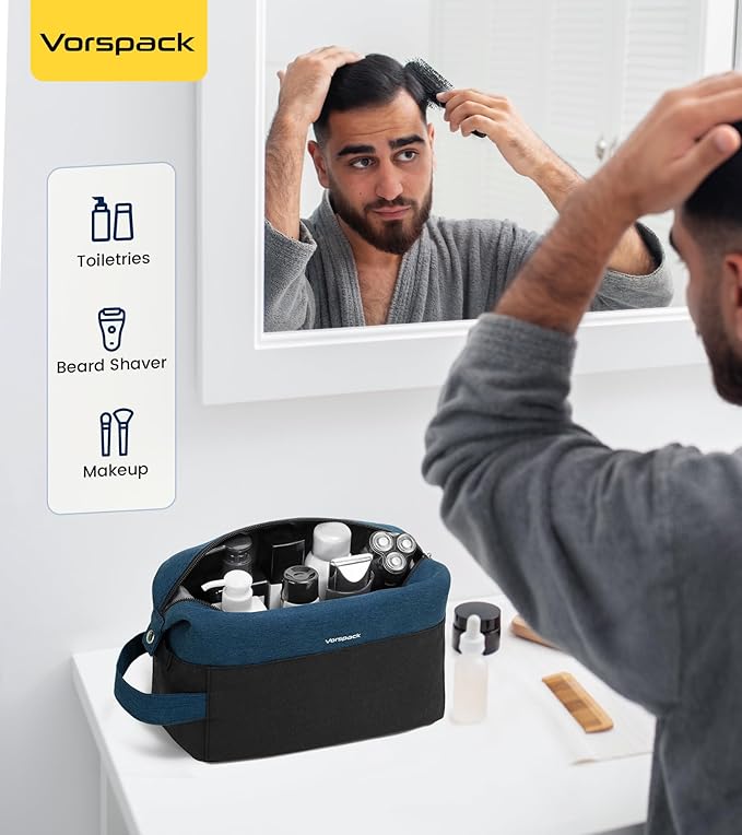 Vorspack Travel Toiletry Bag for Men - Lightweight Mens Toiletry Travel Bag Water Resistant Dopp Kit Shaving Bag for Skincare Toiletries Bathroom Gifts - Navy Blue