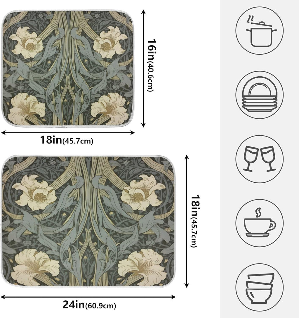 William Morris Flowers Print Dish Drying Mat for Kitchen Counter Absorbent Microfiber Large Drying Pad Dish mats for Kitchen Countertops 18 x 24 Inch