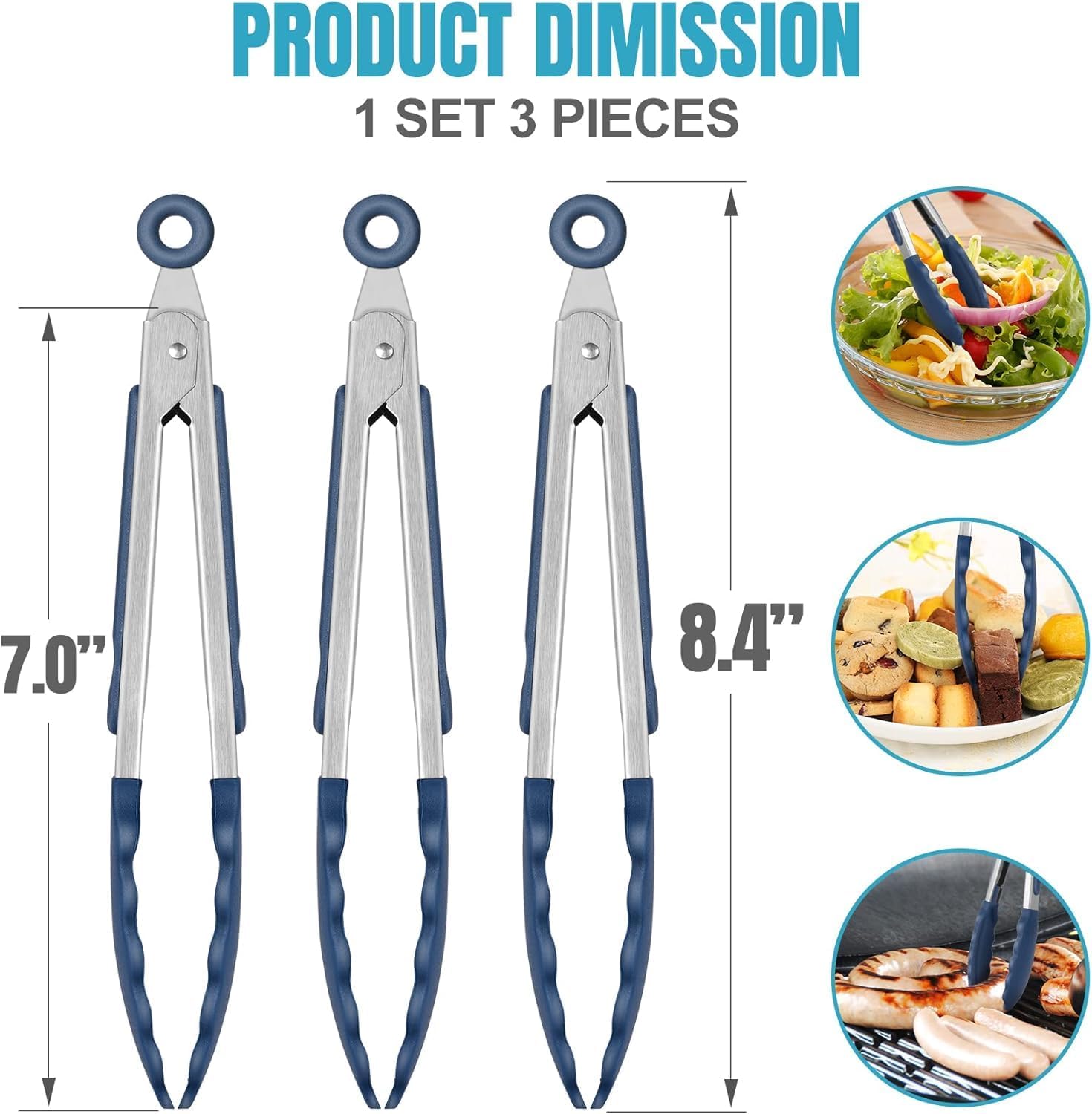 Hotec Mini Silicone Kitchen Tongs for Cooking - 7-Inch Small Serving Tongs with Silicone Tips, Set of 3 (Classic Blue)