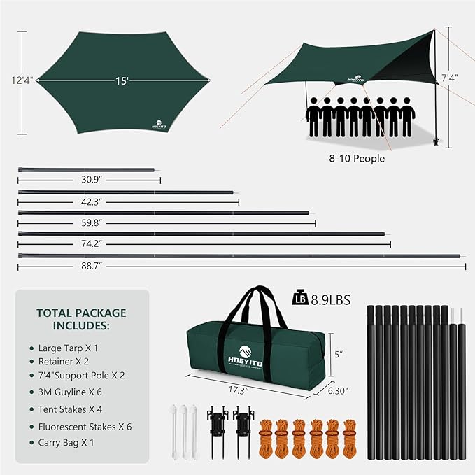 Camping Tarp with Poles & Retainer,15x12.5FT Large Waterproof 210D Oxford Cloth Camping Canopy, UV Blocking Rate 99.99% Tent Tarp Car Awning for Outdoor, Picnic, Hammock, Car, Backpacking(Green-Black)