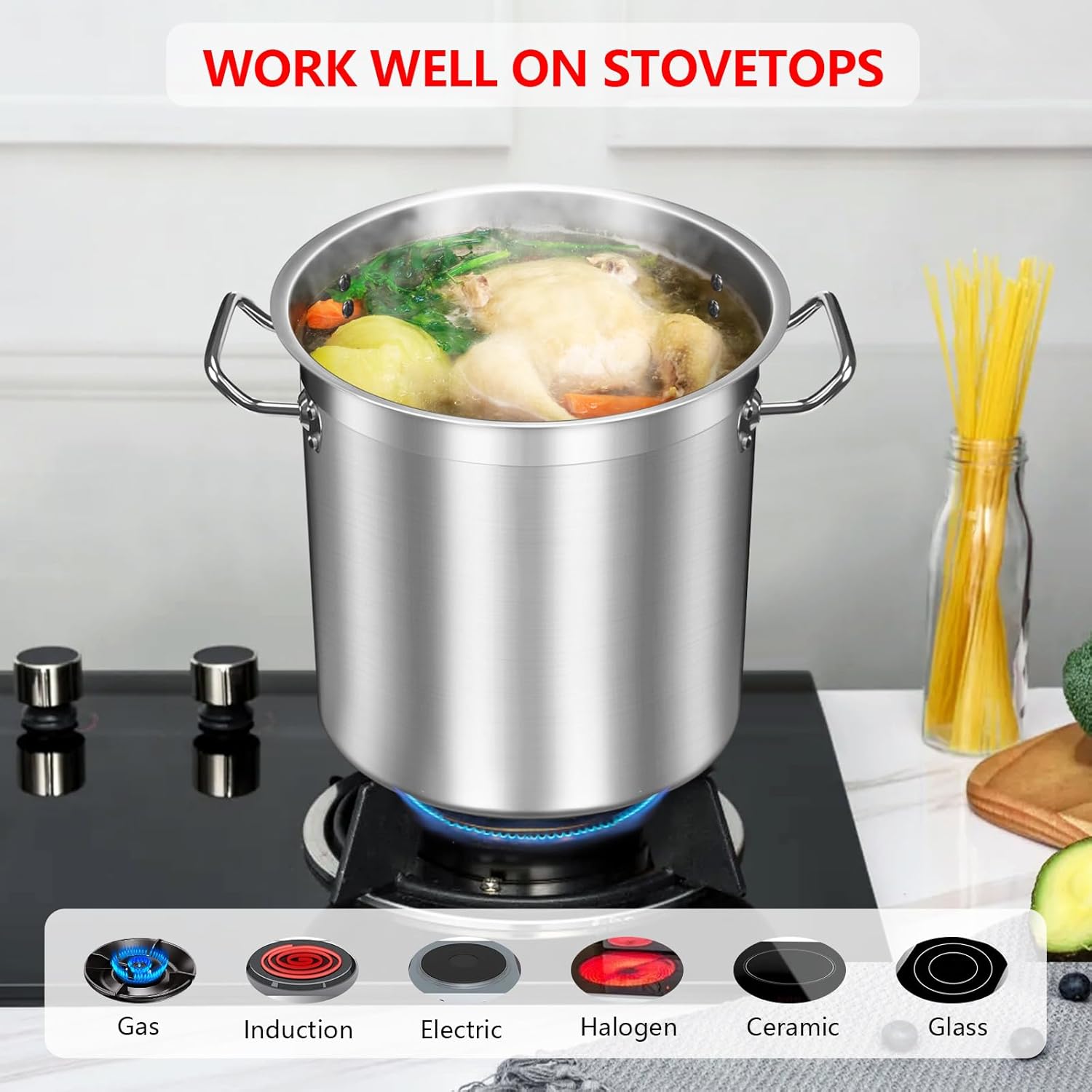 24 Quart Stainless Steel Stock Pot with Glass Lid – Heavy Duty Cooking Pot for Soup, Stew, Pasta – Induction Compatible, Dishwasher Safe – Ideal for Home & Commercial Use