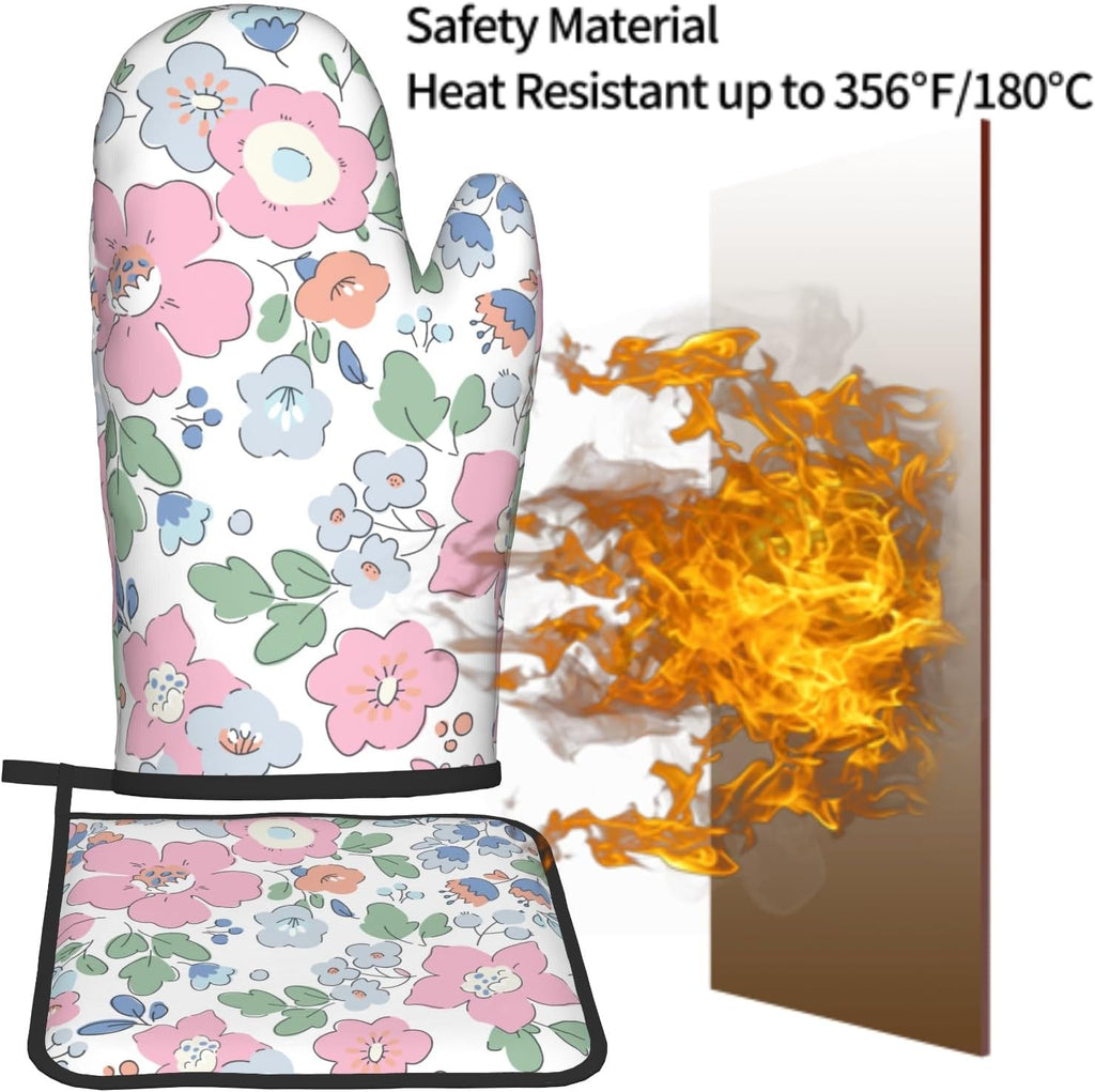 Pink Floral Oven Mitts and Pot Holder Set of 2 Watercolor Flower Heat Resistant BBQ Gloves Hot Pads for Kitchen Baking Cooking Microwave