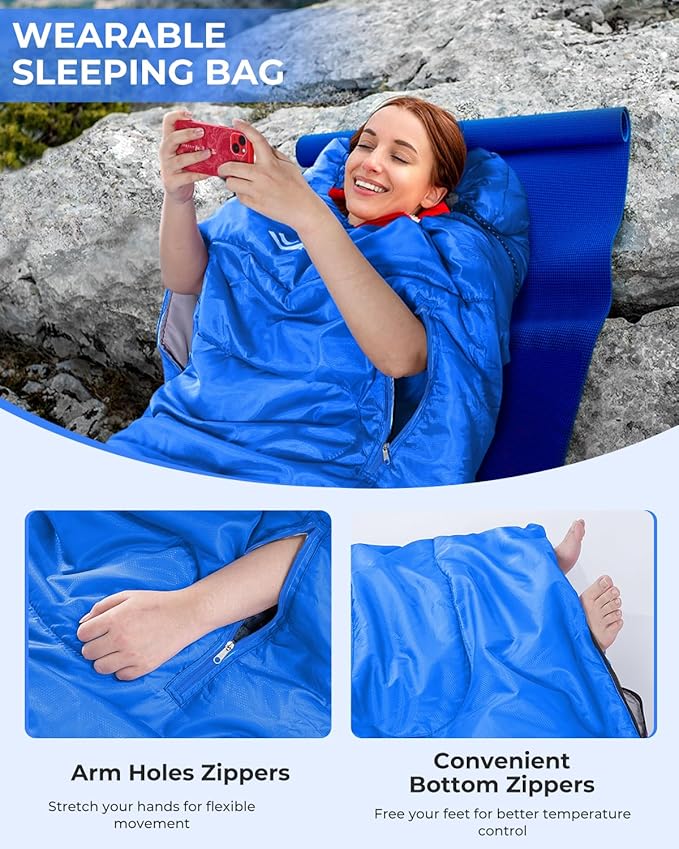 Sportneer Sleeping Bag - Wearable for Adults & Kids with Arm Zipper Holes in Cold & Warm Weather, Waterproof Portable Sleeping Bag for Camping, Hiking, Backpacking, Outdoor Travel