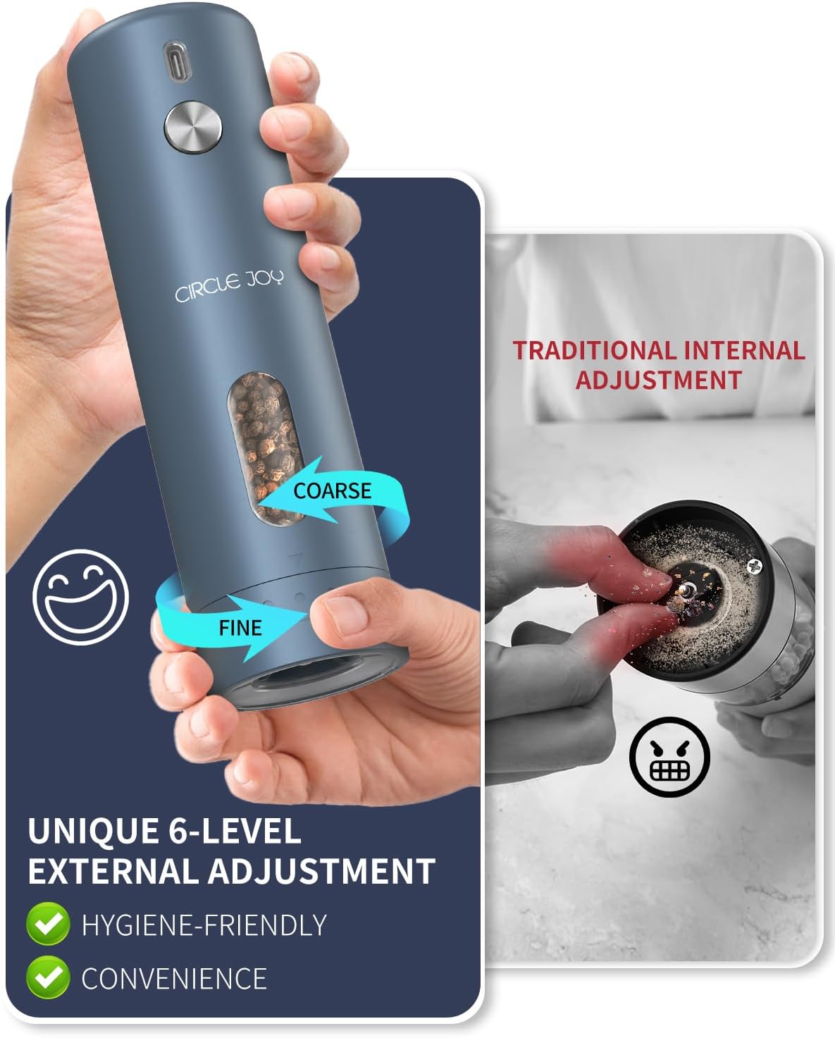 CIRCLE JOY Rechargeable Electric Salt and Pepper Grinder Set with Base, Automatic Pepper Mills with 110ml Container, External Adjustable Coarseness, White Led Light and One-Handed Operation, Blue