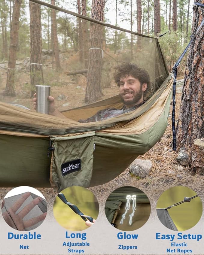 Sunyear Hammock Camping with Rain Fly Tarp and Net, Portable Camping Hammock Double Tree Hammock Outdoor Indoor Backpacking Travel & Survival, 2 Tree Straps,100% Waterproof