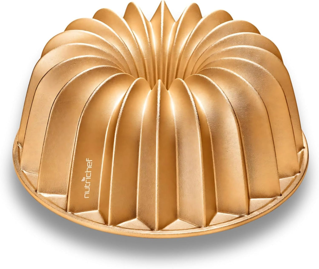 NutriChef 9-Inch Cake Pan - Thick and Heavy Cast Aluminum Bakeware Cake Mold with 2 Layers of Nonstick Coating - Fluted Lines Design for Uniform Baking Up To 500 Degrees - Easy to Clean, Gold