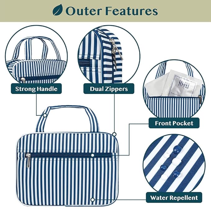 PAVILIA Hanging Toiletry Bag Travel Bag Women Men, Foldable Cosmetic Organizer, Roll up Makeup Bag, Water Resistant Accessories Toiletries, Large Travel Essentials Kit (Navy Stripe)