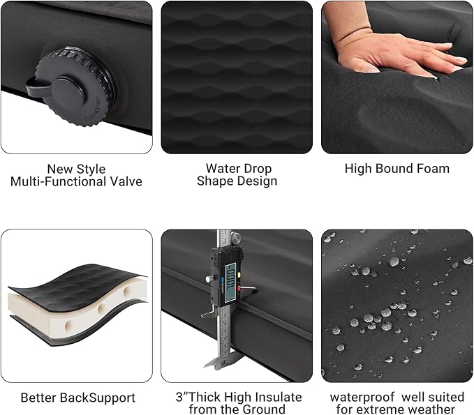 KingCamp Self Inflating Sleeping Pad Double Camping Foam Mattress 3" Thick 11 R Value Luxury 3D Sides Air Camping Pad Queen, 79"x50.4",Black