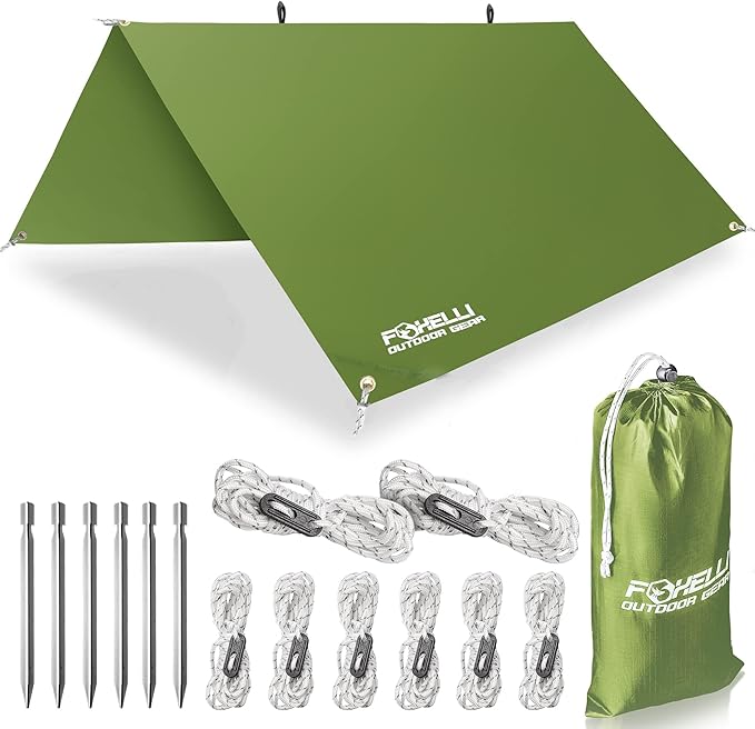 Foxelli Camping Tarp - 12x10ft Waterproof Rain Tarp, Lightweight Backpacking Rainfly Shelter with Included Extra Long Guy Lines & Stakes