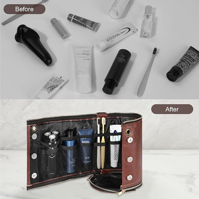 Luxspire Toiletry Bag for Men, Travel Toiletry Organizer Dopp Kit, PU Leather Water-resistant Shaving Bag for Toiletries Accessories, Gift for Mens, Brown