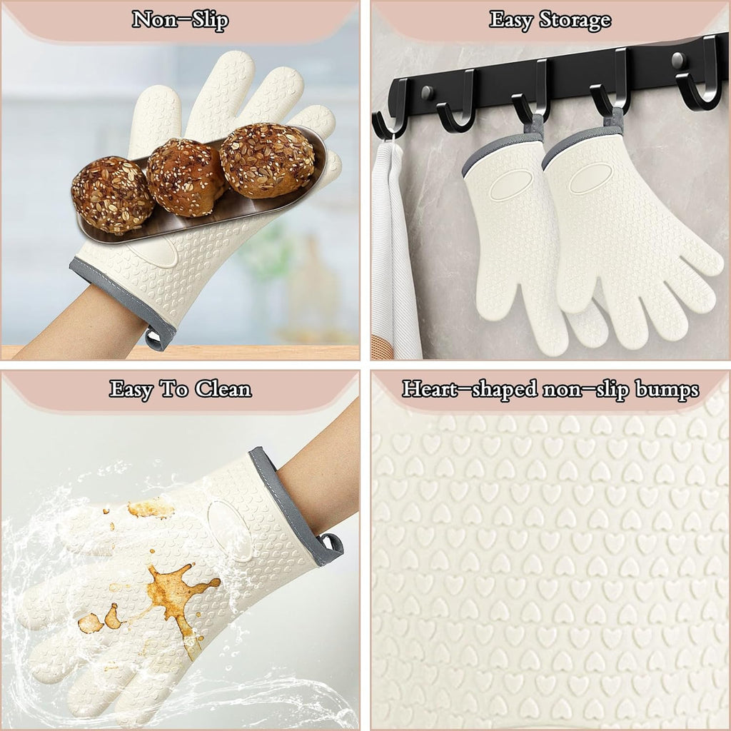 Oven Mitts with Fingers, Heat Resistant 500°F, Waterproof & Non-Slip Kitchen Gloves for Baking, Grilling, Cooking.5-Finger Design with Soft Lining, Hanging Hook,Milky White