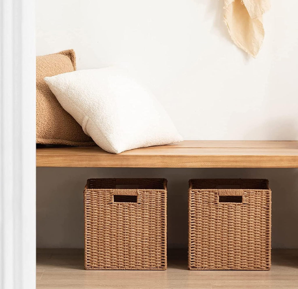 UBBCARE 2 Pack Wicker Basket, 11L×11H×10.5W inch Woven Paper Rope Storage Baskets for shelves, Foldable Cube Storage bin with Handle, Storage Basket for Organizing & Decor, Caramel