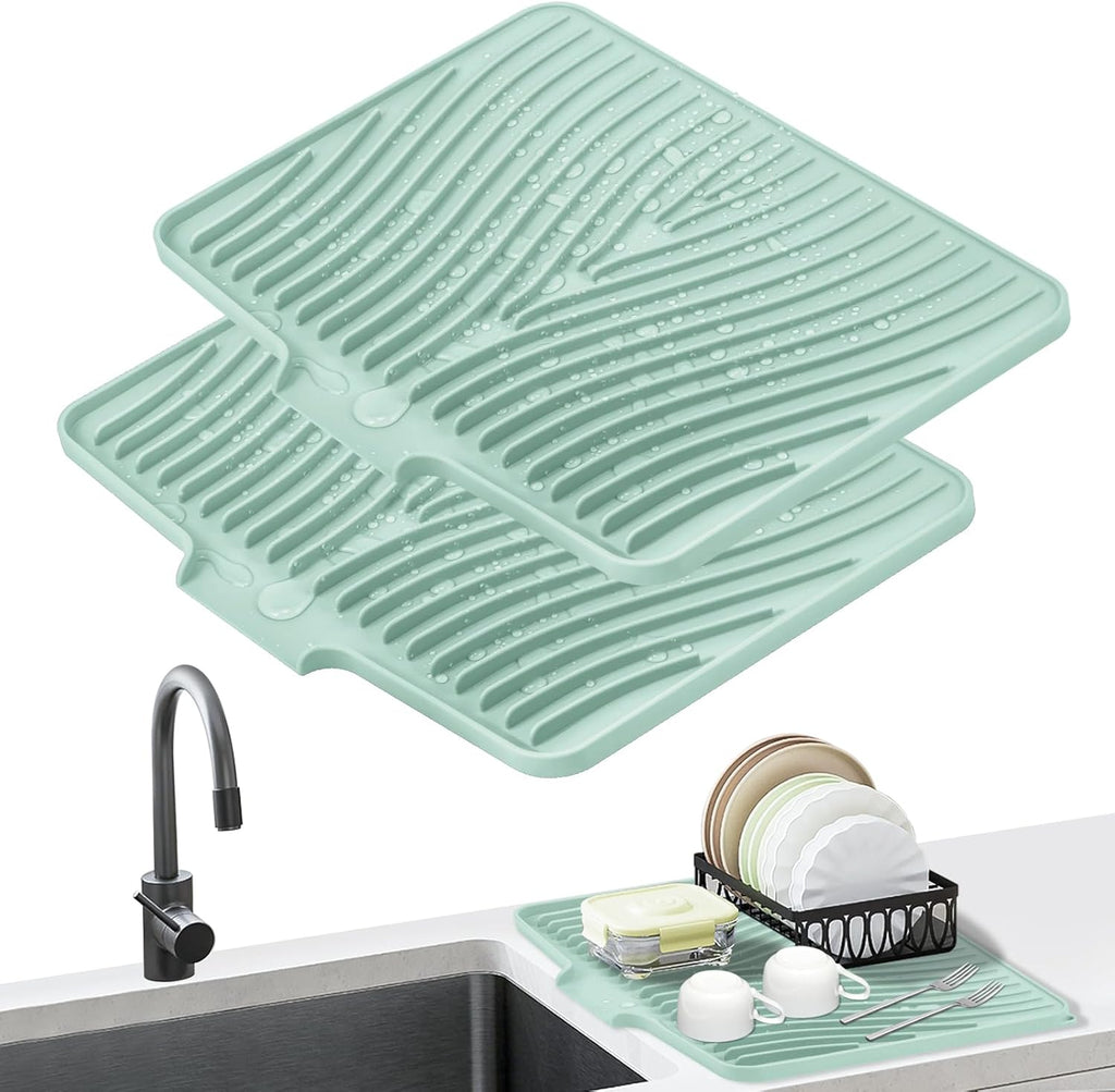 Dish Drying Mat, Stone Drying Mat for Kitchen Counter with Built-in Drain, Non-Slip Drying Matt Kitchen Counter, Heat Resistant Silicone Drying Mat, Dish Drying Pad, 2 Pcs(15.8"X 13", Mint)