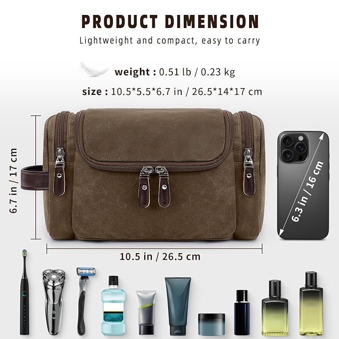 ZOMFELT Travel Toiletry Bag for Men, Travel Essentials Shaving Dopp Kit, Canvas Mens Toiletry Travel Bag, Water Resistant Cosmetic Bag for Toiletries Accessories, Brown