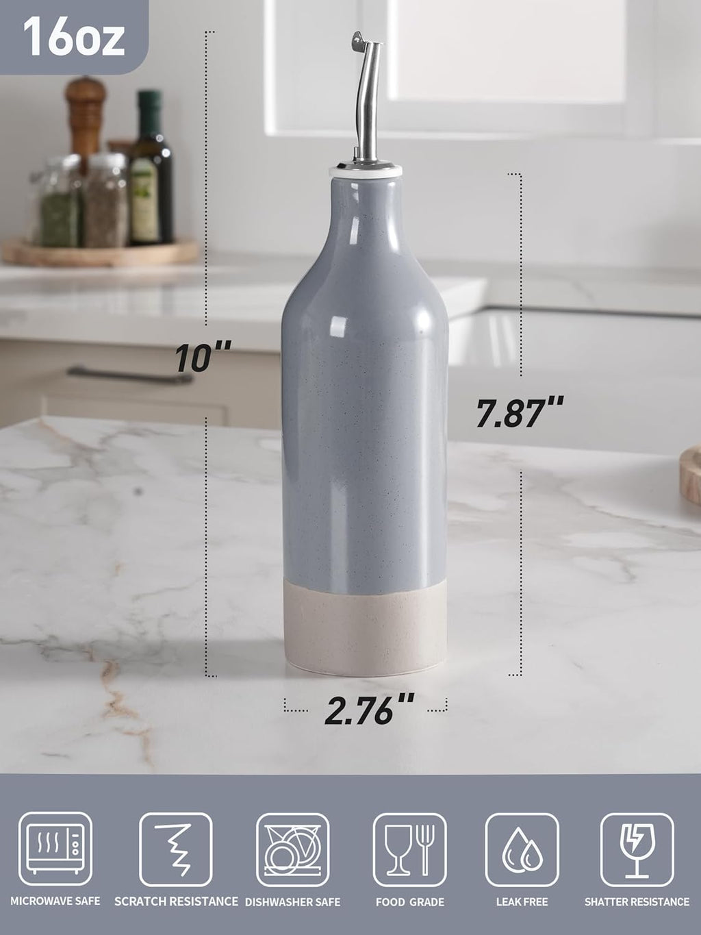 famiware Milkyway 16oz Ceramic Olive Oil Dispenser Bottle, 1 Piece Oil Dispenser for Kitchen with Stainless Steel Pourers, Suitable for Storage Vinegar, Soy Sauce, Coffee Syrup, Liquids, Dark Gray