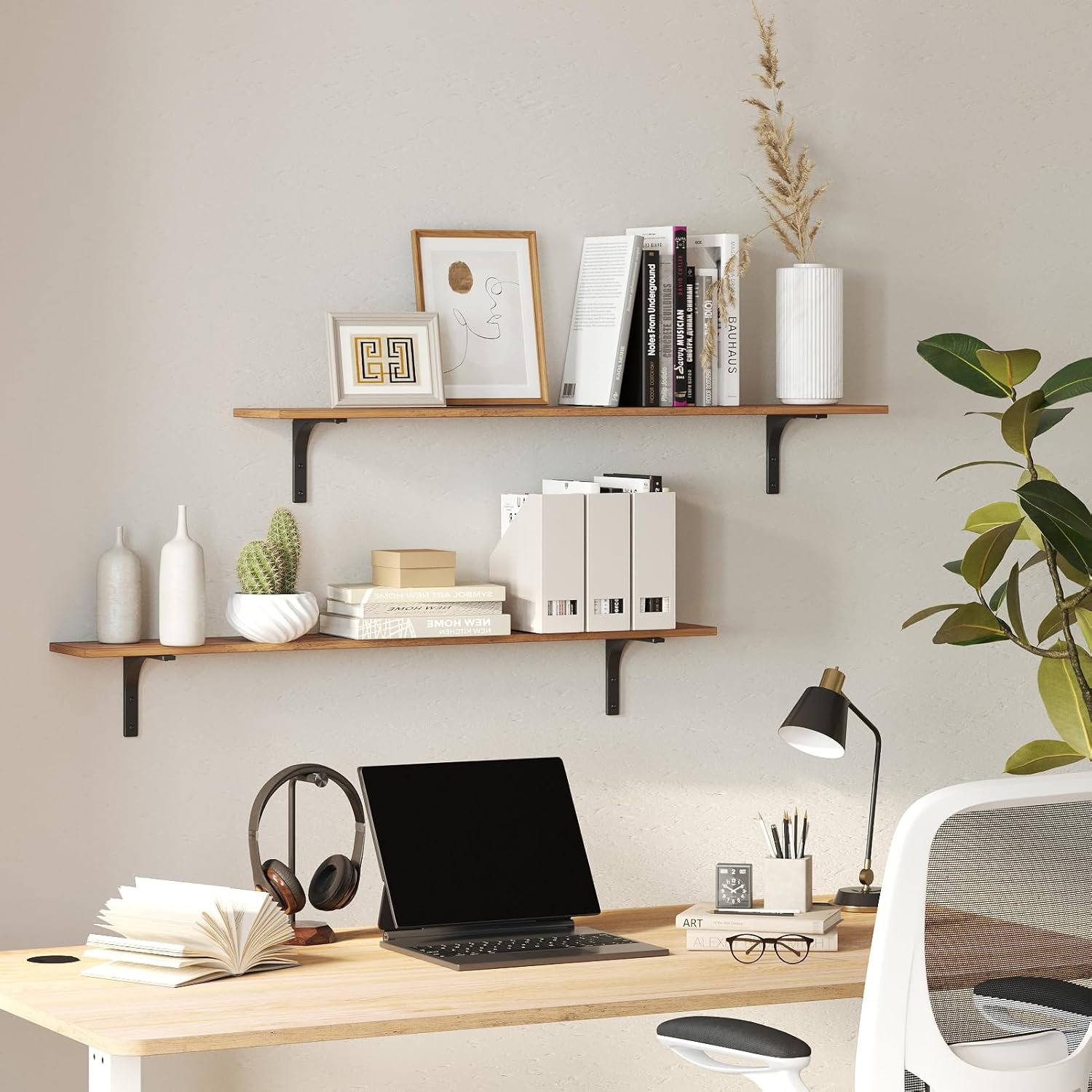 DINZI LVJ Long Wall Shelves, 47.3Inch Wall Mounted Shelves Set of 2, Extra Large Wall Storage Ledges with Sturdy Metal Brackets for Living Room, Bathroom, Bedroom, Kitchen, Rustic Brown