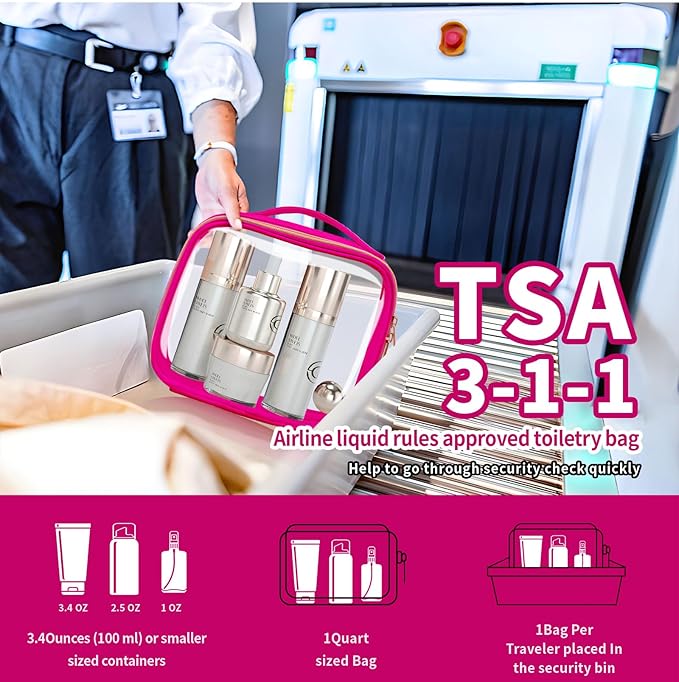 TSA Approved Travel Toiletry Bag,2 Pack Clear Makeup Bags with Handles,Quart Size Clear Cosmetic Bags for Traveling Women,Men,Carry on Airport Airline Compliant Bag,Rose Red