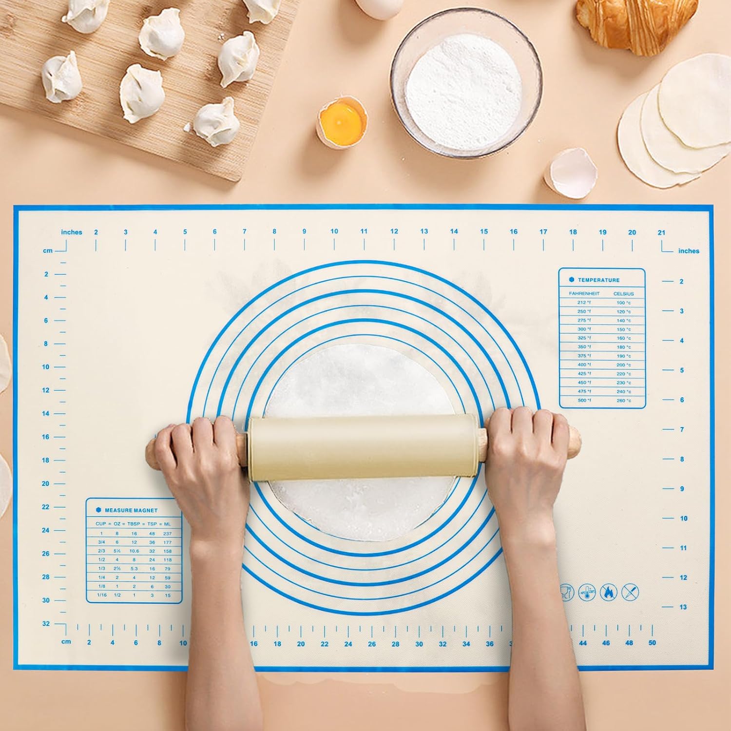 Baking Mats Silicone Kitchen Counter Dough Rolling Mat,Anti-slip Silicone Dough Mat with Measurement,24 x 16 Inches (Blue)
