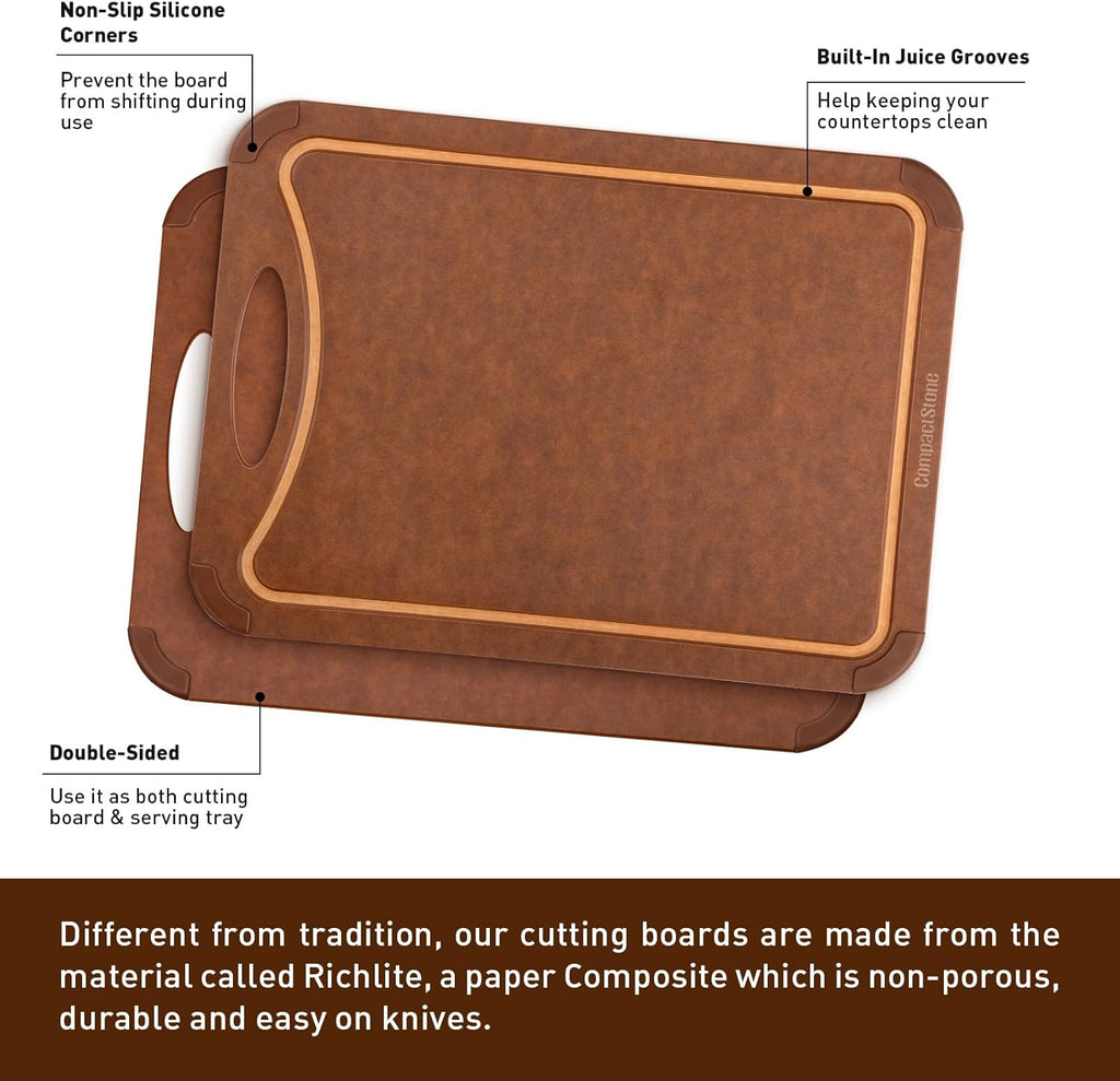 Cutting Board with Non-Slip Feet and Juice Groove for Kitchen, Wood Fiber Composite, 14.6-Inch by 10.8-Inch, Brown