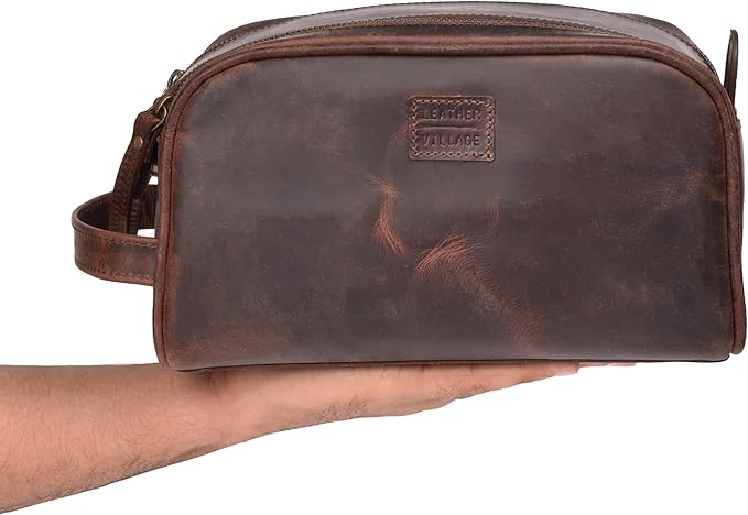 LEATHER VILLAGE Premium Leather Toiletry Travel Pouch With Waterproof Lining - Dark Brown | King-Size Handcrafted Vintage Dopp Kit Bag