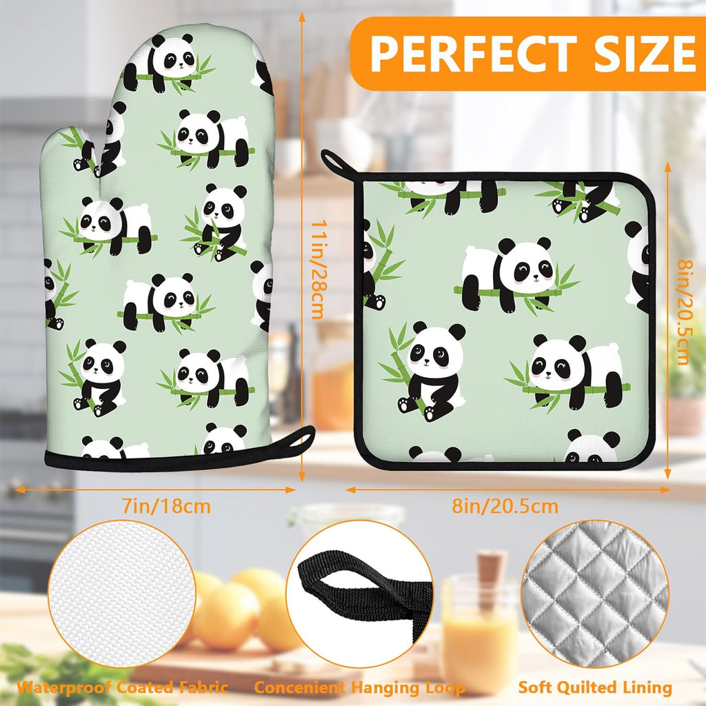 Cute Panda Oven Mitts and Pot Holders Sets 4Pcs,Extra Long Oven Gloves Potholder for Kitchen Cooking Baking BBQ 100% Cotton Heat Resistant