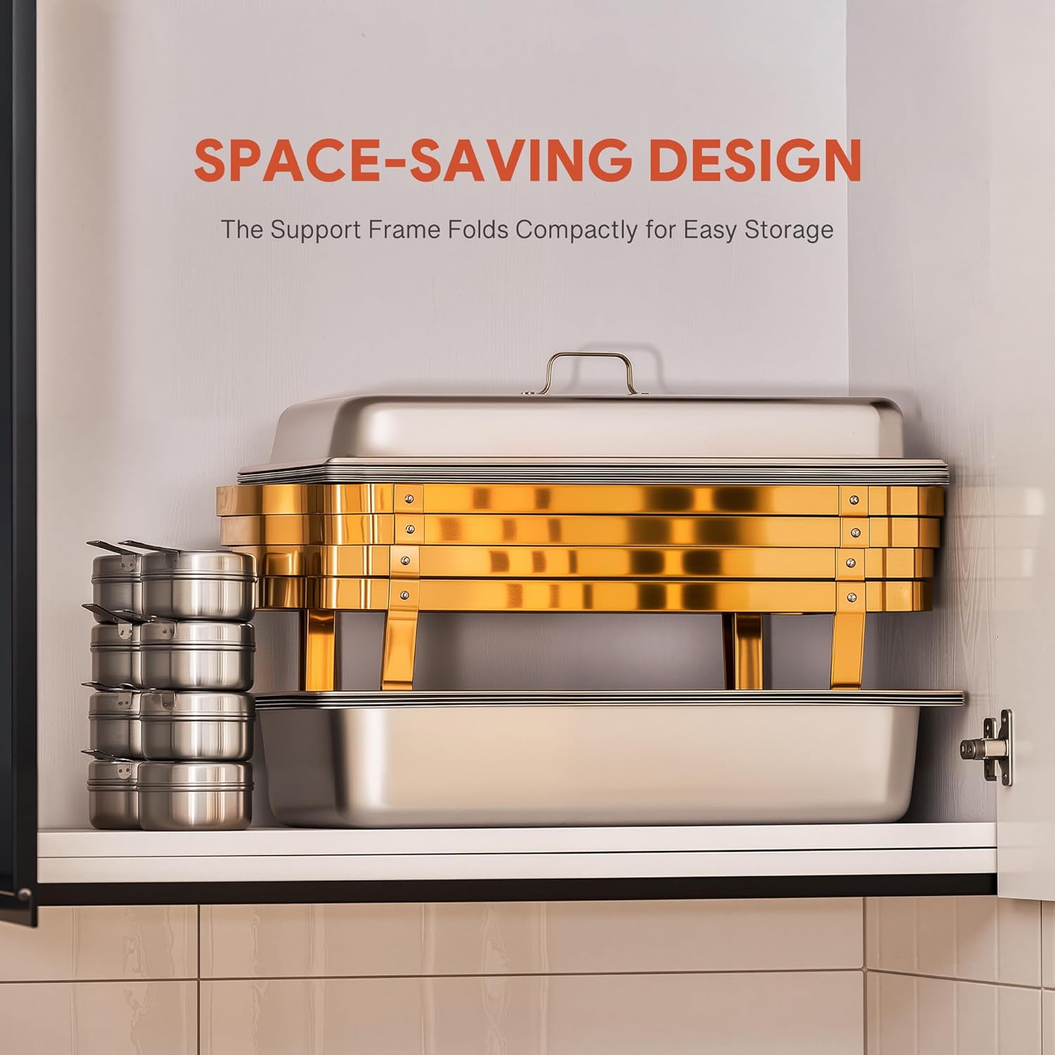 WILPREP Chafing Dishes for Buffet, 4 Pack 9 qt Chafer and Buffet Warmer Set with Full Size Pans & Foldable Frames, Food Grade Stainless Steel Food Warmers for Parties Buffets Banquets, Gold & Silver