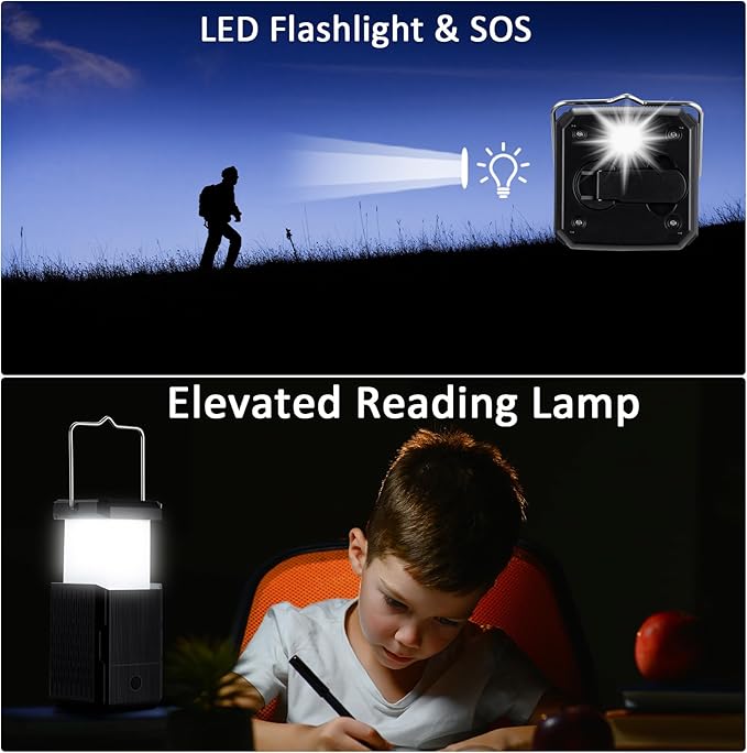 2 Pack Camping Lantern Rechargeable, Hand Crank & Solar Camping Lights with USB Output, Tent Lights for Camping, Portable Camp Lamp, Camping Hurricane Home Power Failure Essentials (Black, 2 Pack)