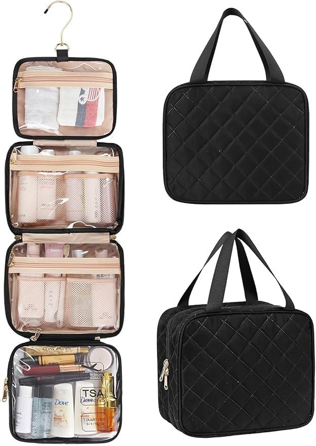 Travel Makeup Bag Hanging Toiletry Bag for Women Men TSA Approved Clear Bag Toiletries Waterproof Cosmetic Bag Toiletry Bag Travel Toiletry Organizer for Bathroom Shower, Black Diamond Grid