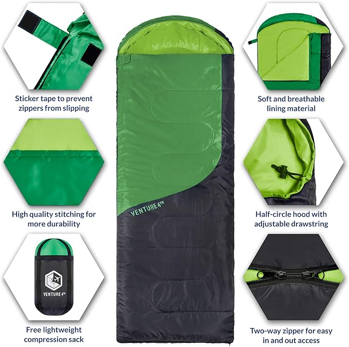 VENTURE 4TH Backpacking Sleeping Bag – XXL, Double and Single Sizes - Lightweight Warm & Cold Weather Sleeping Bags for Adults, Kids & Couples – Ideal for Hiking, Camping & Outdoor Adventures