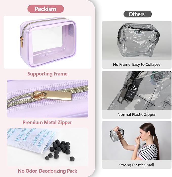 PACKISM TSA Approved Toiletry Bag - Upgrade Color-Edged Clear Makeup Bag, Unique Appearance, 2 Pack Hold Lots of Items, Reusable Clear Toiletry Bags for Travel Essentials, Purple (2 Sizes)