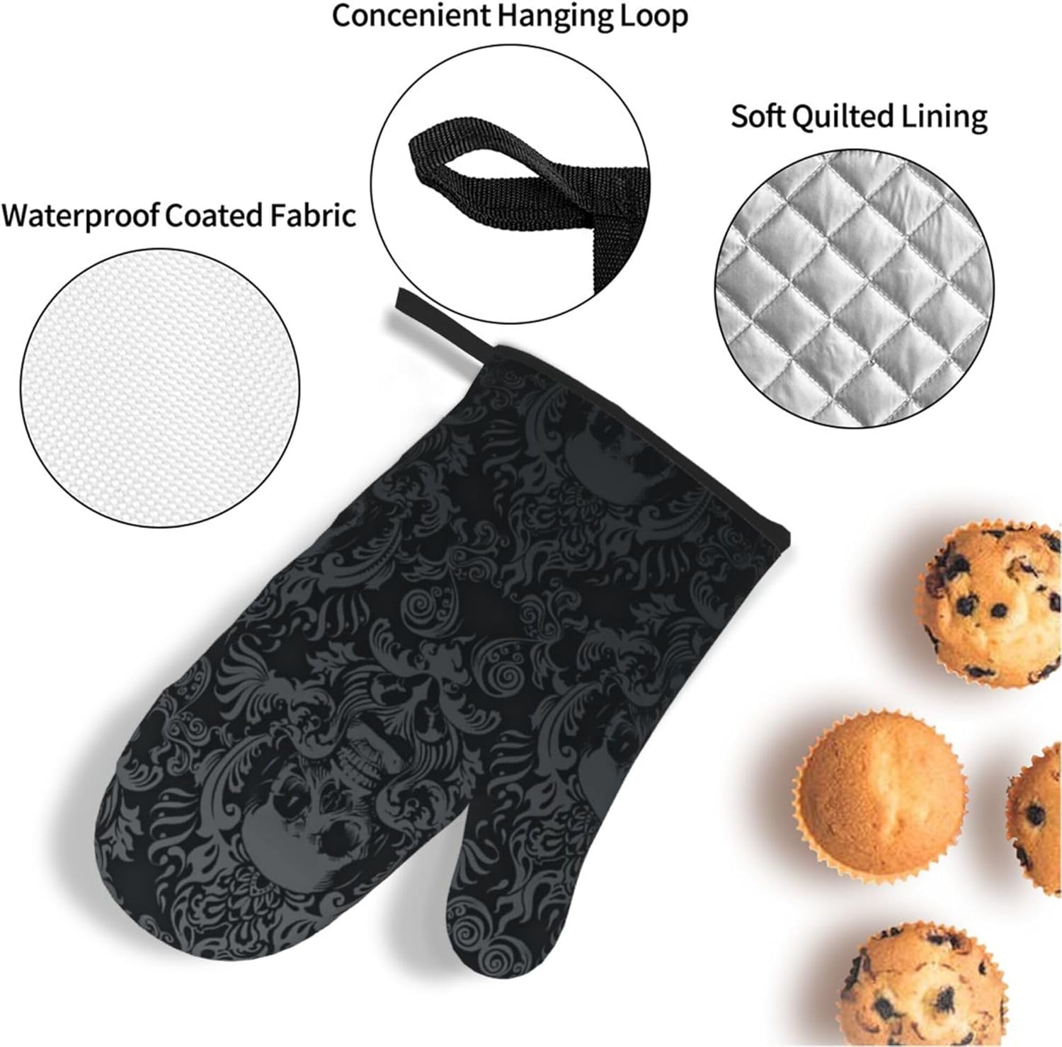 Victorian Gothic Black Skull Damask Oven Mitts and Pot Holders Sets of 4,Resistant Hot Pads with Polyester Non-Slip BBQ Gloves for Kitchen,Cooking,Baking,Grilling
