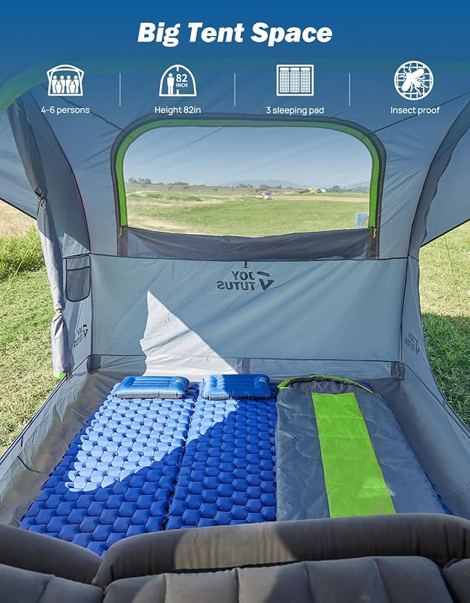 JOYTUTUS SUV Tent for Camping with Rainfly, Double Door Design Car Tent with Aluminum Poles, SUV Tailgate Tent with Waterproof PU2000mm Double Layer for 6-8 Person, Green