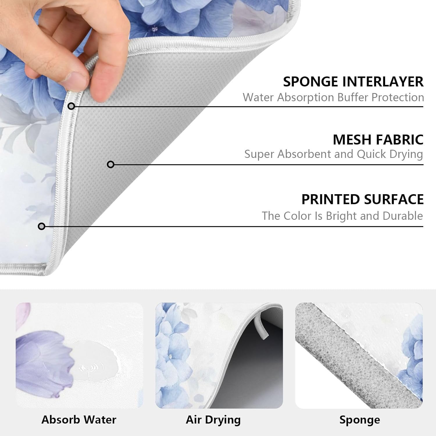 Blue Pink Hydrangea Spring Floral Dish Drying Mat for Kitchen Counter Absorbent Microfiber Large Drying Pad Dish mats for Kitchen Countertops 18 x 24 Inch