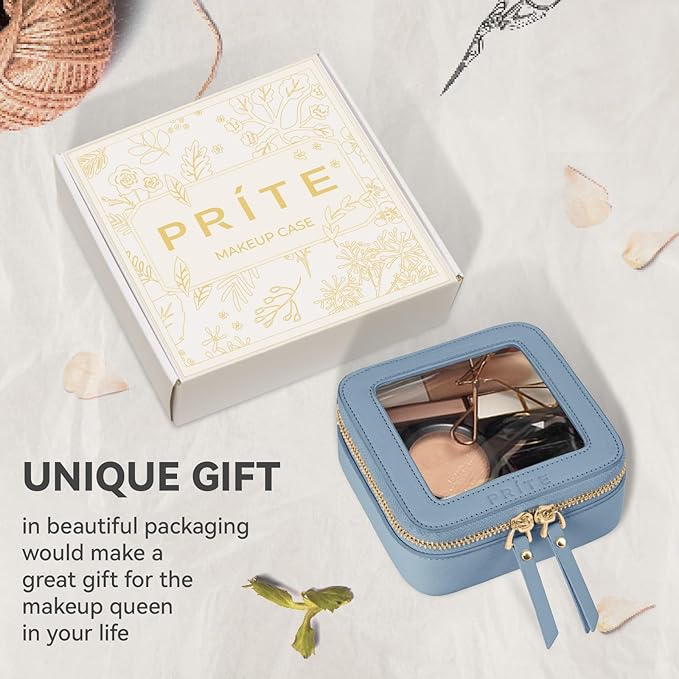 Prite Small Makeup Bag for Women Portable Clear Makeup Bag Cute Mini Waterproof Travel Cosmetic Bag with Gold Zipper for Car Essentials(Blue)