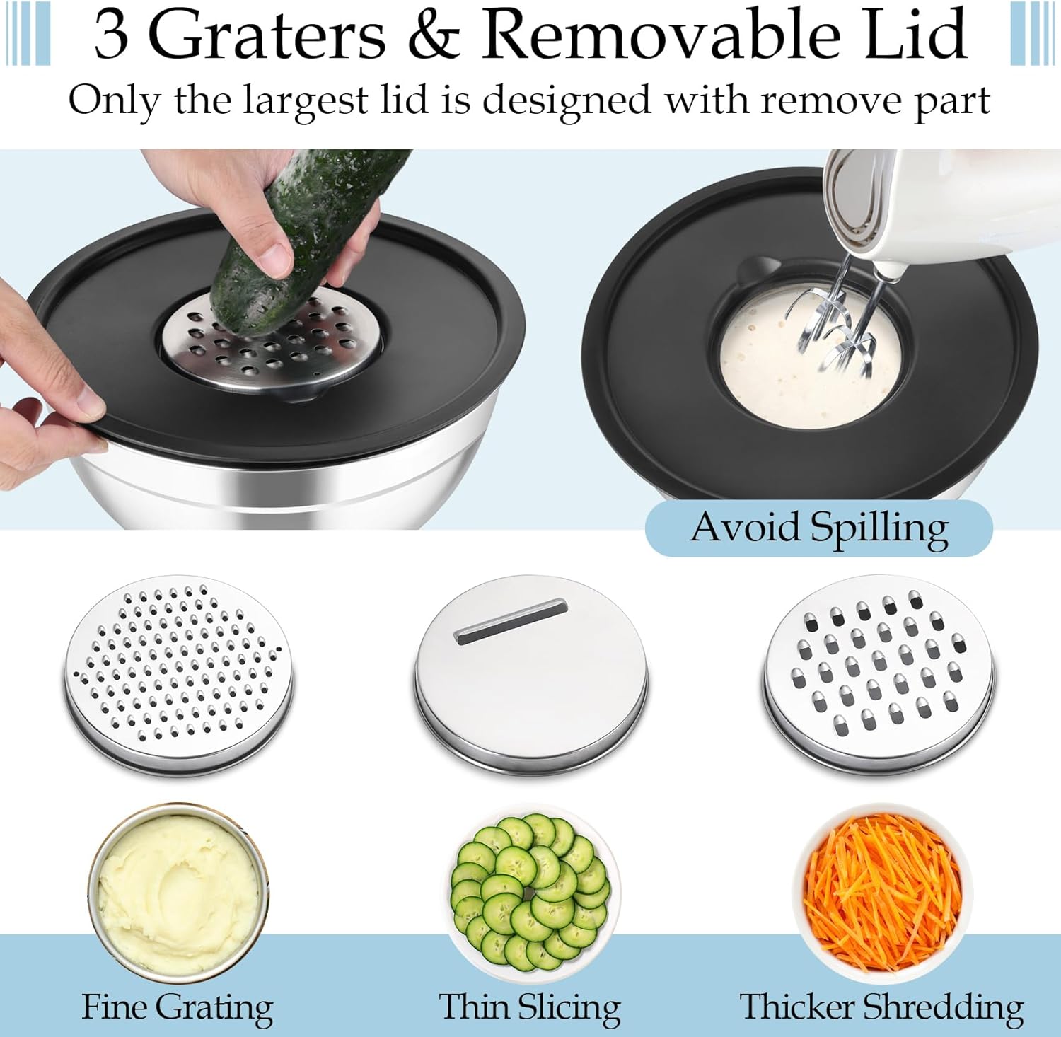 TeamFar Mixing Bowls, Stainless Steel Nesting Salad Bowls with Lids Set of 3 & 3 Grater Attachments, For Mixing/Serving/Storing, Non-toxic & Long-lasting, Size 4.6/3 / 1.5 QT, Black