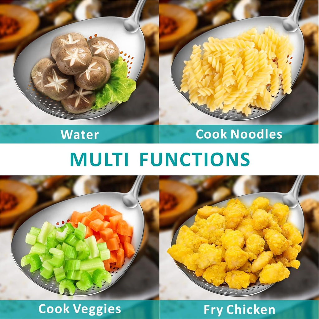 Large Deep Skimmer Slotted Spoon, Real SUS304 Stainless Steel Pasta Strainer, Colander Spoon with Big Draining Holes, Deep Fryer Scoop for Frying, Cooking, Draining, Ideal for Gift, 15''