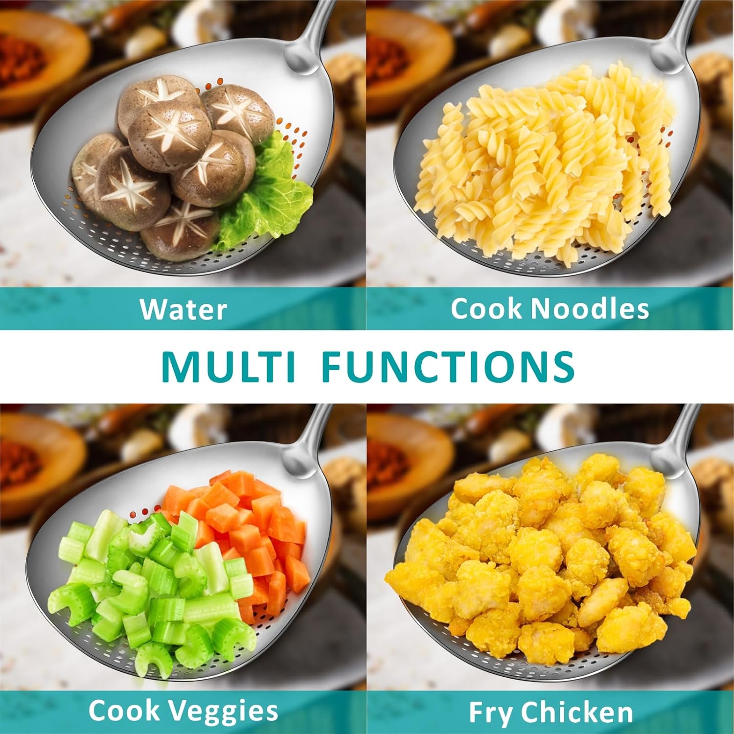 Large Deep Skimmer Slotted Spoon, Real SUS304 Stainless Steel Pasta Strainer, Colander Spoon with Big Draining Holes, Deep Fryer Scoop for Frying, Cooking, Draining, Ideal for Gift, 15''