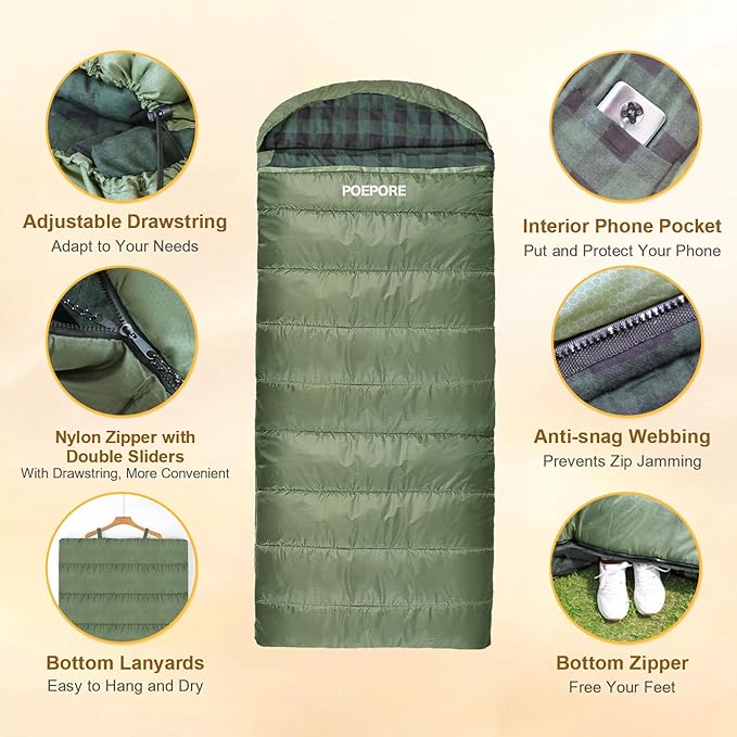 Flannel Sleeping Bag 0 Degree Cold Weather for Adults XXL Sleeping Bag 4 Season Big and Tall with Compression Sack