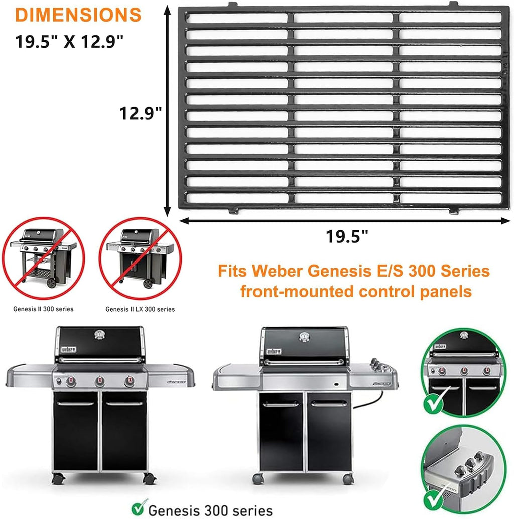 Uniflasy 19.5" Porcelain Enameled Cast Iron Grill Grates for Weber Genesis 300 Series, Genesis E310 E320 E330 S310 S320 S330 Gas Grills, Non-Stick Polished Grill Grates Replacement for Weber 7524 7528